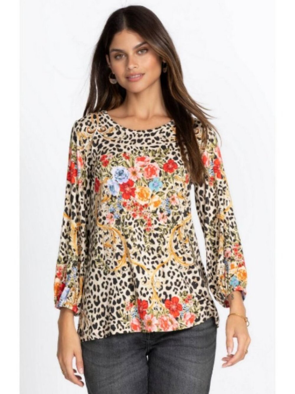 Johnny Was Cheetah Puff Sleeve Top Multi / Size Medium
